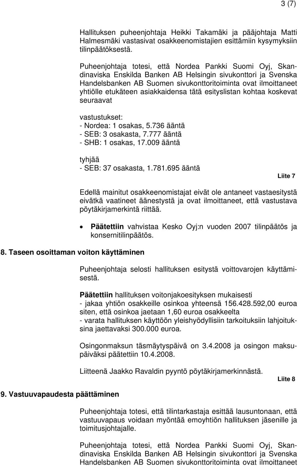 osakas, 5.736 ääntä - SEB: 3 osakasta, 7.777 ääntä - SHB: 1 osakas, 17.009 ääntä tyhjää - SEB: 37 osakasta, 1.781.695 ääntä 8.