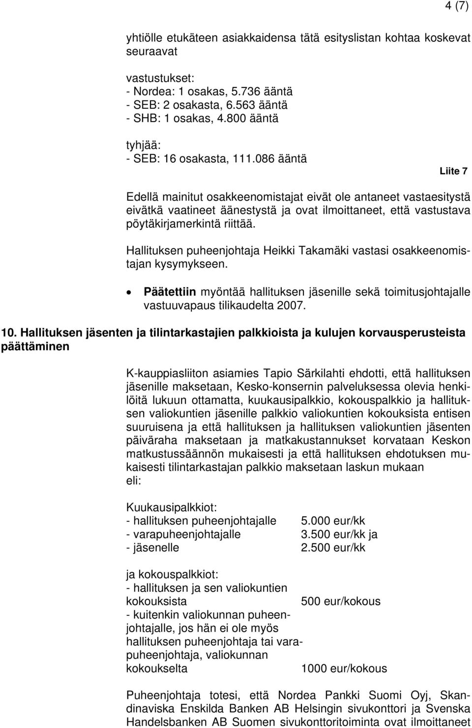 Hallituksen jäsenten ja tilintarkastajien palkkioista ja kulujen korvausperusteista päättäminen K-kauppiasliiton asiamies Tapio Särkilahti ehdotti, että hallituksen jäsenille maksetaan,