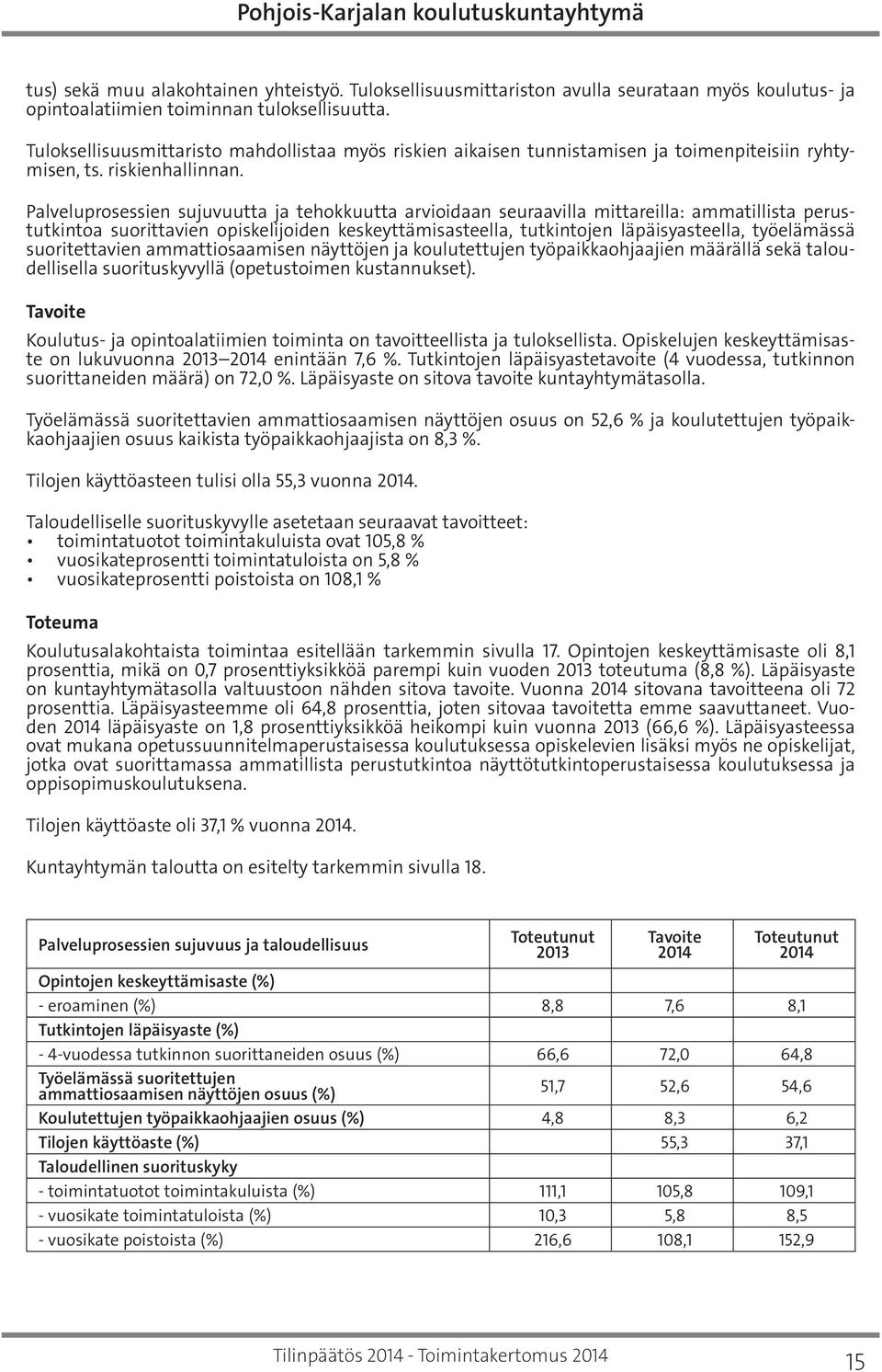 Palveluprosessien sujuvuutta ja tehokkuutta arvioidaan seuraavilla mittareilla: ammatillista perustutkintoa suorittavien opiskelijoiden keskeyttämisasteella, tutkintojen läpäisyasteella, työelämässä