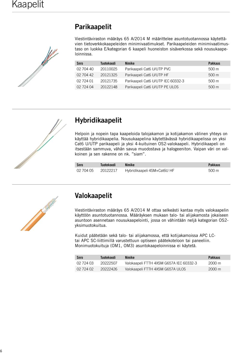 02 70 0 2011002 Parikaapeli Cat6 U/UTP PVC 00 m 02 70 2 201212 Parikaapeli Cat6 U/UTP HF 00 m 02 72 01 201217 Parikaapeli Cat6 U/UTP IEC 602-00 m 02 72 0 2012218 Parikaapeli Cat6 U/UTP PE ULOS 00 m