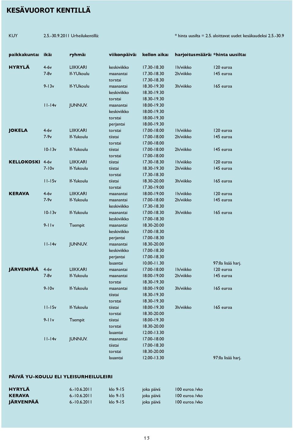 30-19.30 11-14v JUNNUV. maanantai 18.00-19.30 keskiviikko 18.00-19.30 torstai 18.00-19.30 perjantai 18.00-19.30 JOKELA 4-6v LIIKKARI torstai 17.00-18.00 1h/viikko 120 euroa 7-9v If-Yukoulu tiistai 17.