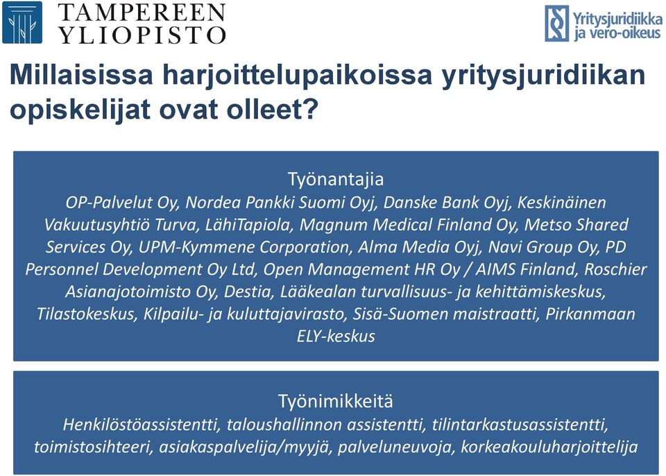 Corporation, Alma Media Oyj, Navi Group Oy, PD Personnel Development Oy Ltd, Open Management HR Oy / AIMS Finland, Roschier Asianajotoimisto Oy, Destia, Lääkealan turvallisuus- ja