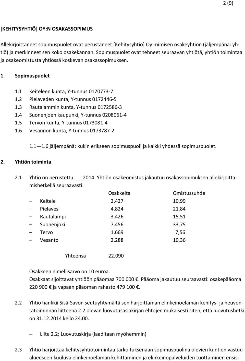 2 Pielaveden kunta, Y-tunnus 0172446-5 1.3 Rautalammin kunta, Y-tunnus 0172586-3 1.4 Suonenjoen kaupunki, Y-tunnus 0208061-4 1.5 Tervon kunta, Y-tunnus 0173081-4 1.