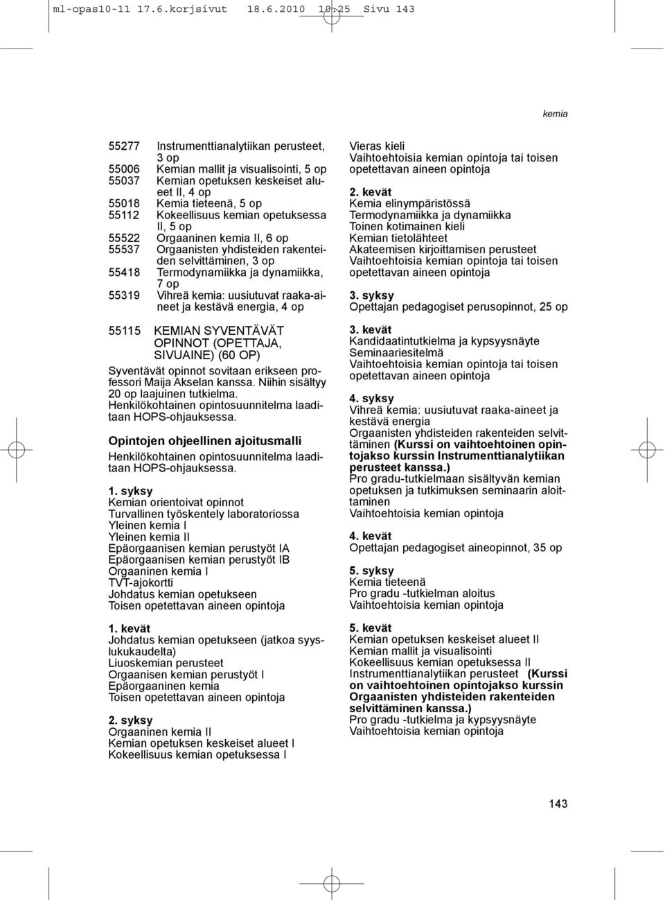 2010 10:25 Sivu 143 55277 Instrumenttianalytiikan perusteet, 55006 Kemian mallit ja visualisointi, 55037 Kemian opetuksen keskeiset alueet II, 4 op 55018 Kemia tieteenä, 55112 Kokeellisuus n