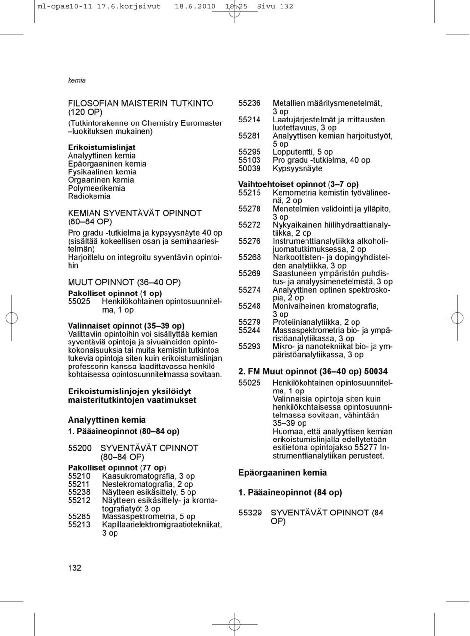 2010 10:25 Sivu 132 FILOSOFIAN MAISTERIN TUTKINTO (120 OP) (Tutkintorakenne on Chemistry Euromaster luokituksen mukainen) Erikoistumislinjat Analyyttinen Epäorgaaninen Fysikaalinen Orgaaninen