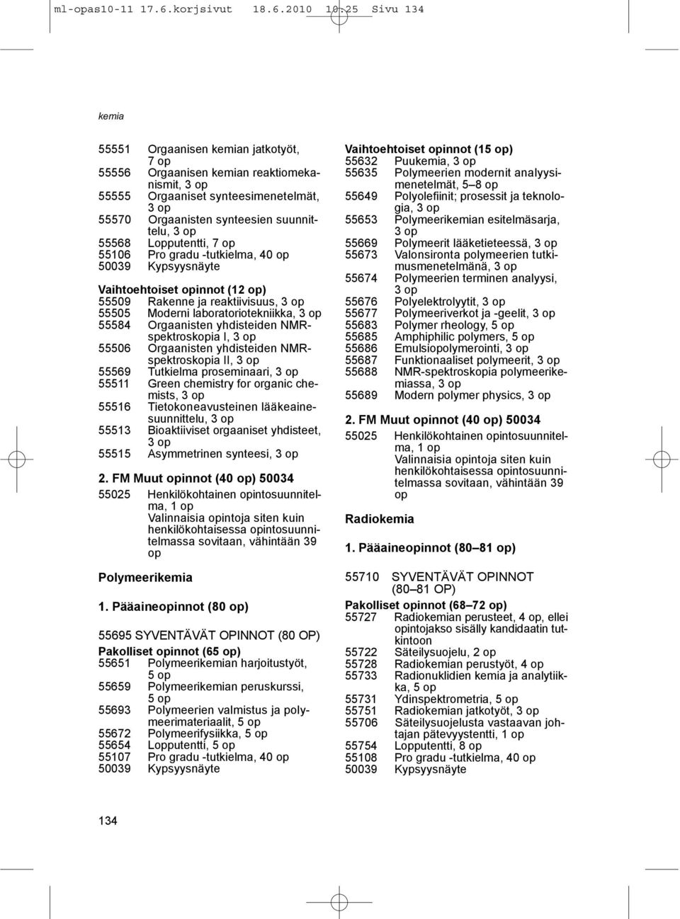 2010 10:25 Sivu 134 55551 Orgaanisen n jatkotyöt, 7 op 55556 Orgaanisen n reaktiomekanismit, 55555 Orgaaniset synteesimenetelmät, 55570 Orgaanisten synteesien suunnittelu, 55568 Lopputentti, 7 op