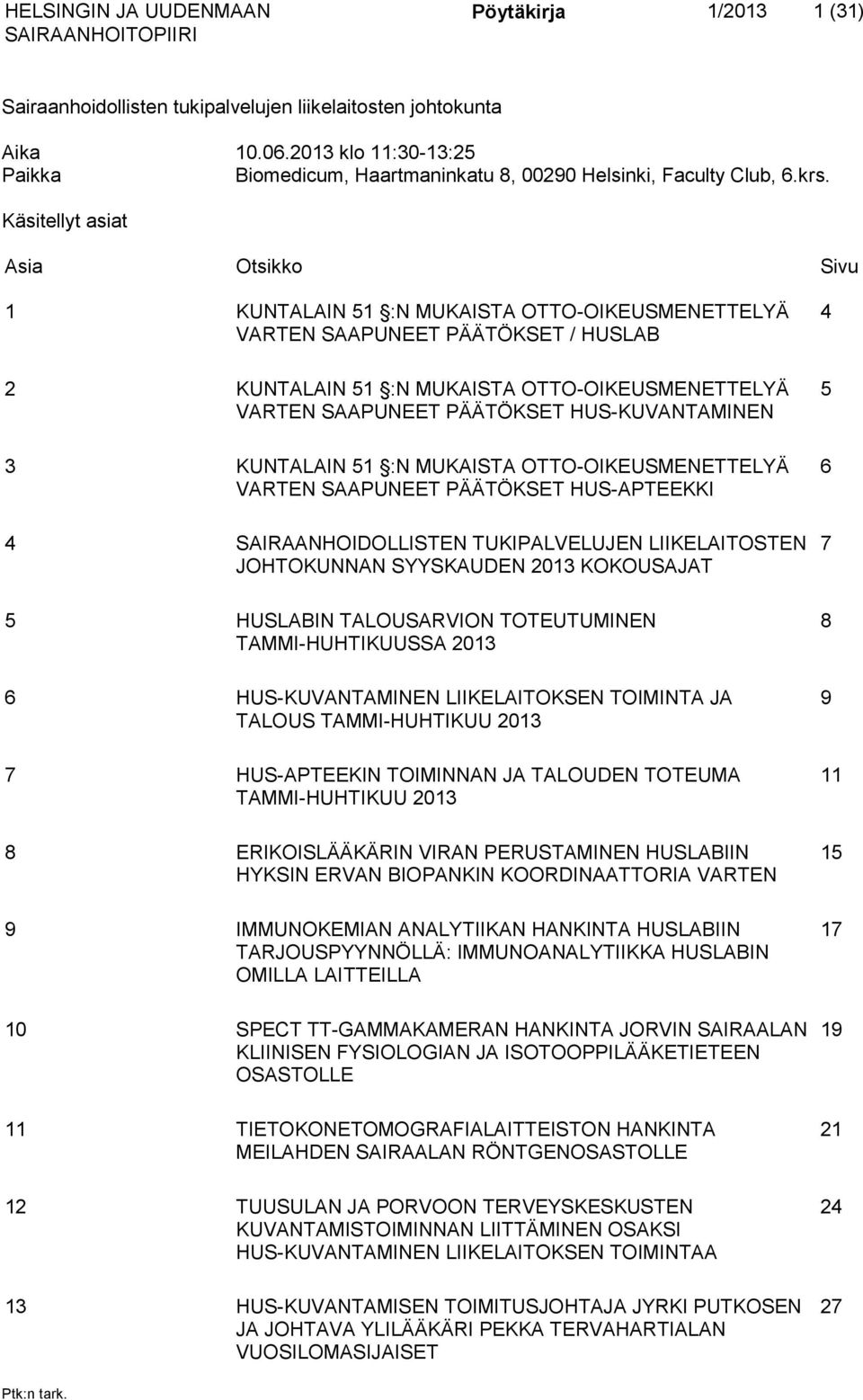 HUS-KUVANTAMINEN 3 KUNTALAIN 51 :N MUKAISTA OTTO-OIKEUSMENETTELYÄ VARTEN SAAPUNEET PÄÄTÖKSET HUS-APTEEKKI 4 SAIRAANHOIDOLLISTEN TUKIPALVELUJEN LIIKELAITOSTEN JOHTOKUNNAN SYYSKAUDEN 2013 KOKOUSAJAT 5