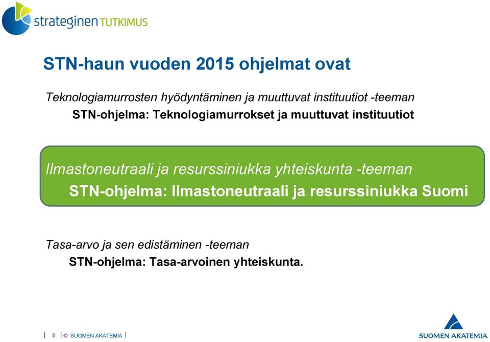 Ilmastoneutraali ja resurssiniukka yhteiskunta -teeman STN-ohjelma: Ilmastoneutraali ja