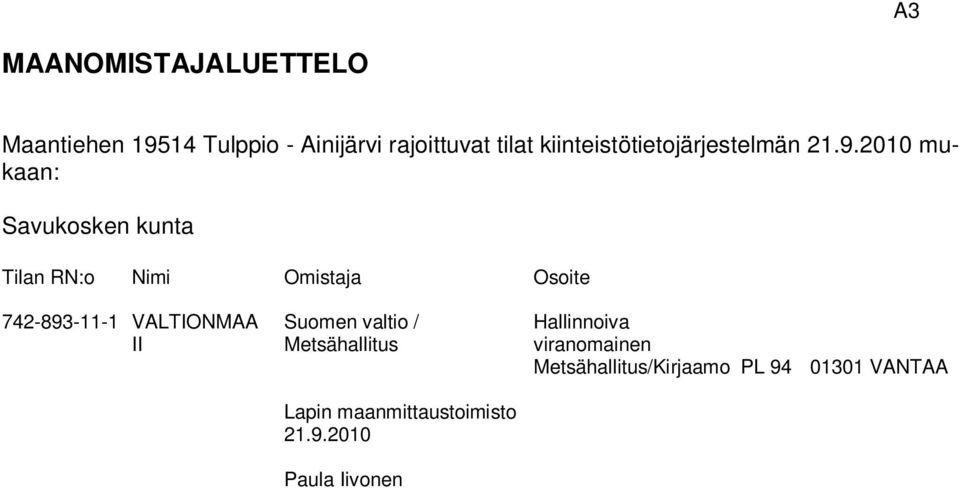 2010 mukaan: Savukosken kunta Tilan RN:o Nimi Omistaja Osoite 742-893-11-1 VALTIONMAA