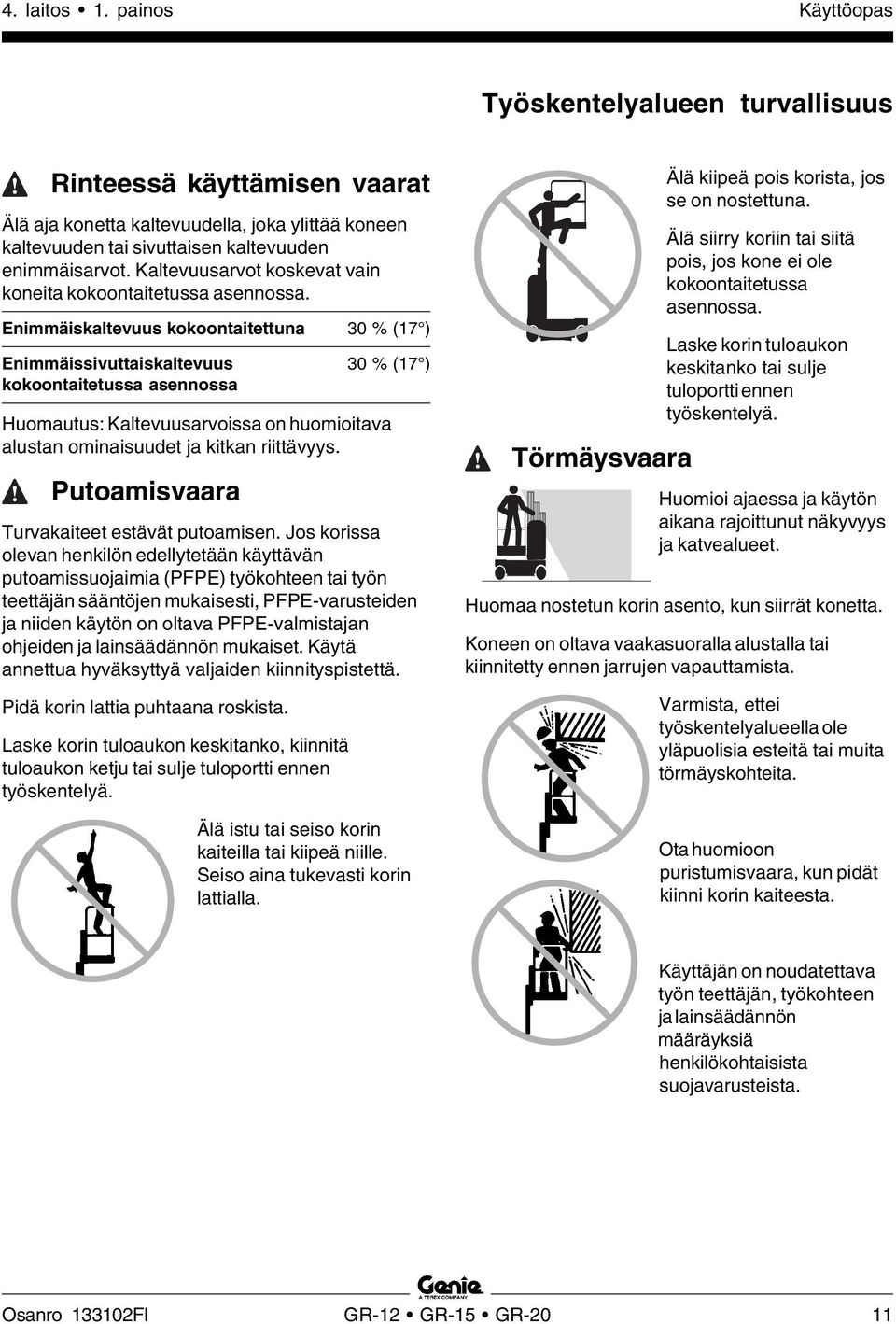 Enimmäiskaltevuus kokoontaitettuna 30 % (17 ) Enimmäissivuttaiskaltevuus 30 % (17 ) kokoontaitetussa asennossa Huomautus: Kaltevuusarvoissa on huomioitava alustan ominaisuudet ja kitkan riittävyys.