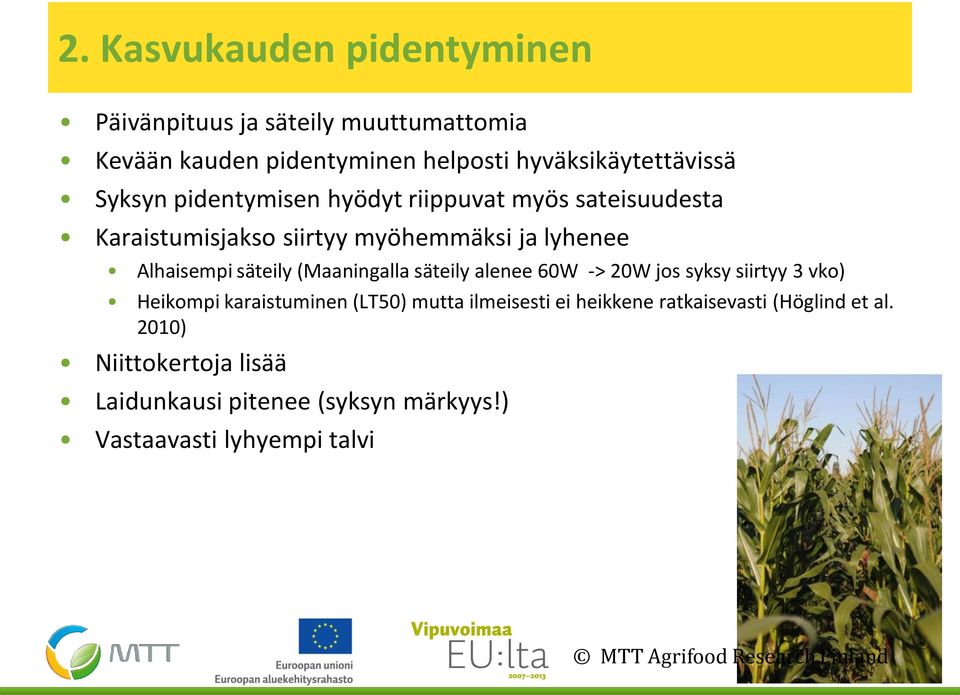 lyhenee Alhaisempi säteily (Maaningalla säteily alenee 60W -> 20W jos syksy siirtyy 3 vko) Heikompi karaistuminen (LT50)