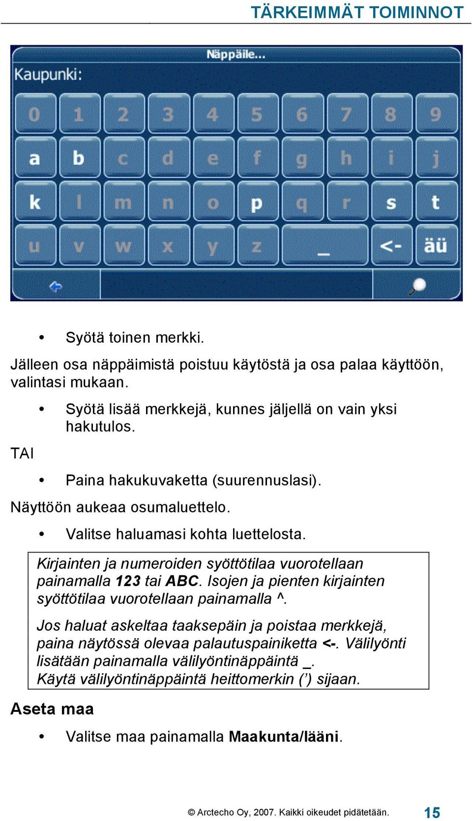 Kirjainten ja numeroiden syöttötilaa vuorotellaan painamalla 123 tai ABC. Isojen ja pienten kirjainten syöttötilaa vuorotellaan painamalla ^.