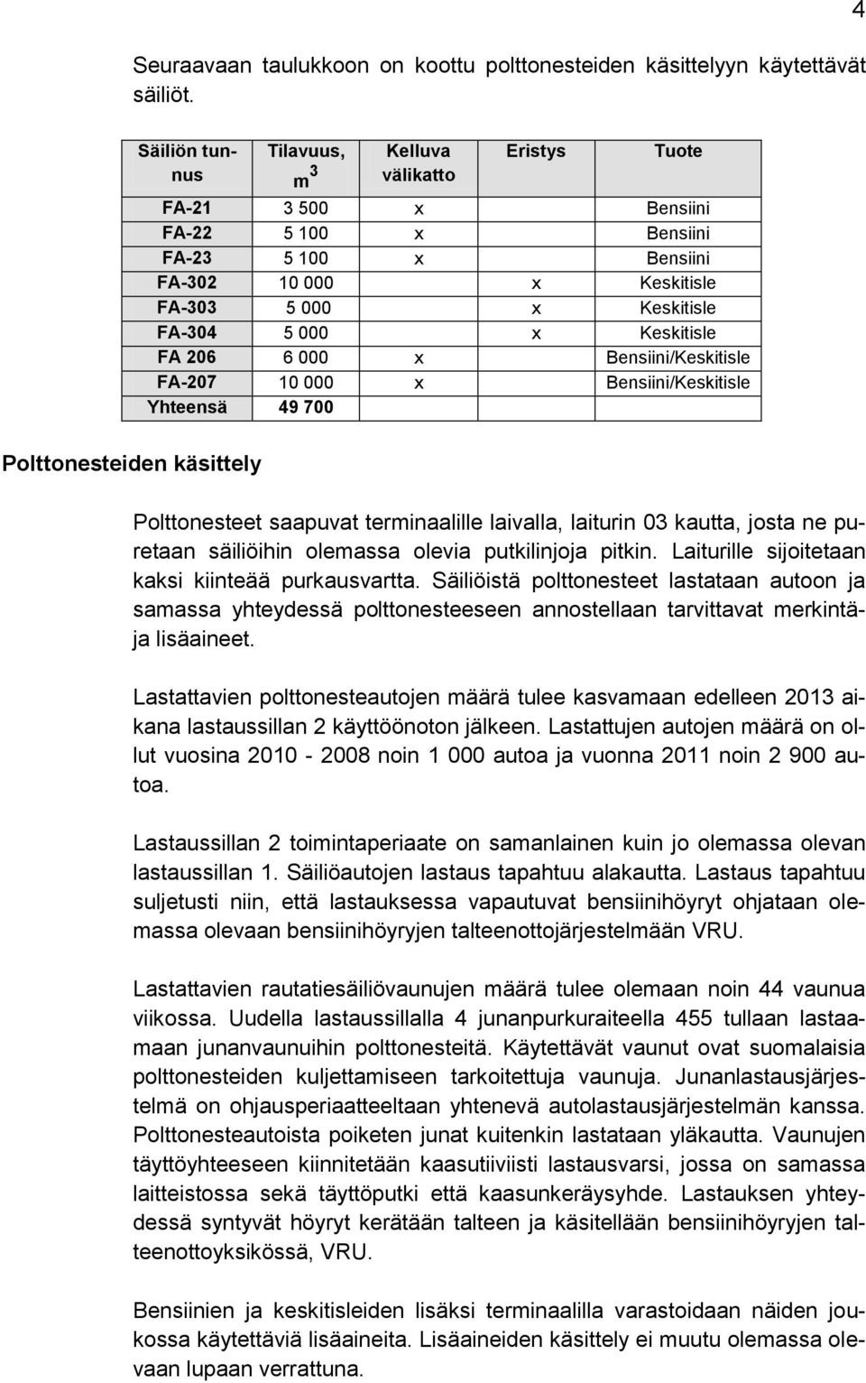 Keskitisle FA 206 6 000 x Bensiini/Keskitisle FA-207 10 000 x Bensiini/Keskitisle Yhteensä 49 700 Polttonesteiden käsittely Polttonesteet saapuvat terminaalille laivalla, laiturin 03 kautta, josta ne