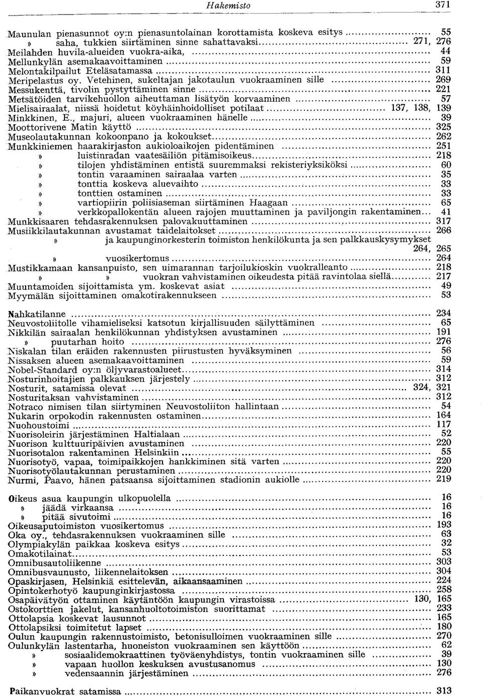 Vetehinen, sukeltajan jako taulun vuokraaminen sille 269 Messukenttä, tivolin pystyttäminen sinne 221 Metsätöiden tarvikehuollon aiheuttaman lisätyön korvaaminen 57 Mielisairaalat, niissä hoidetut