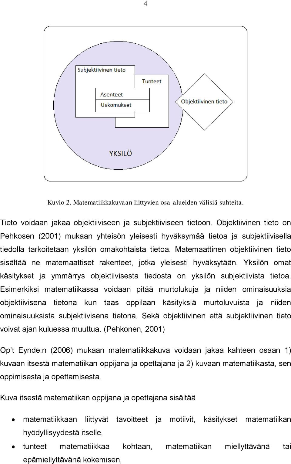 Matemaattinen objektiivinen tieto sisältää ne matemaattiset rakenteet, jotka yleisesti hyväksytään. Yksilön omat käsitykset ja ymmärrys objektiivisesta tiedosta on yksilön subjektiivista tietoa.