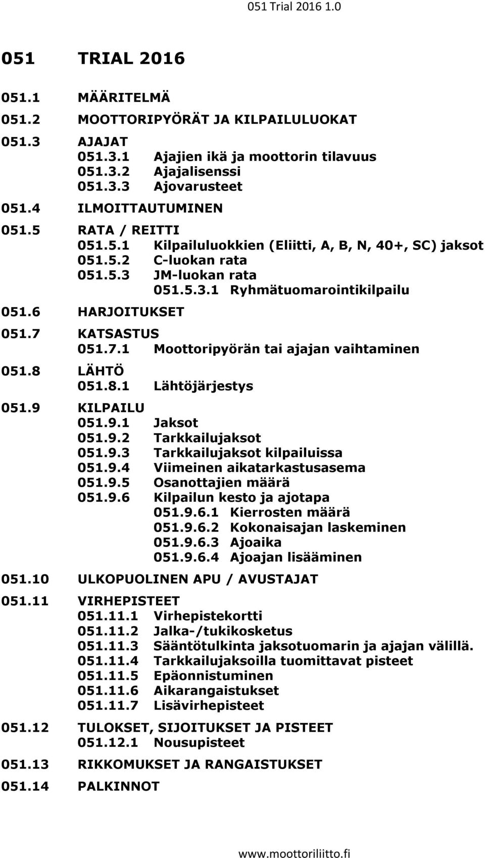 KATSASTUS 051.7.1 Moottoripyörän tai ajajan vaihtaminen 051.8 LÄHTÖ 051.8.1 Lähtöjärjestys 051.9 KILPAILU 051.9.1 Jaksot 051.9.2 Tarkkailujaksot 051.9.3 Tarkkailujaksot kilpailuissa 051.9.4 Viimeinen aikatarkastusasema 051.