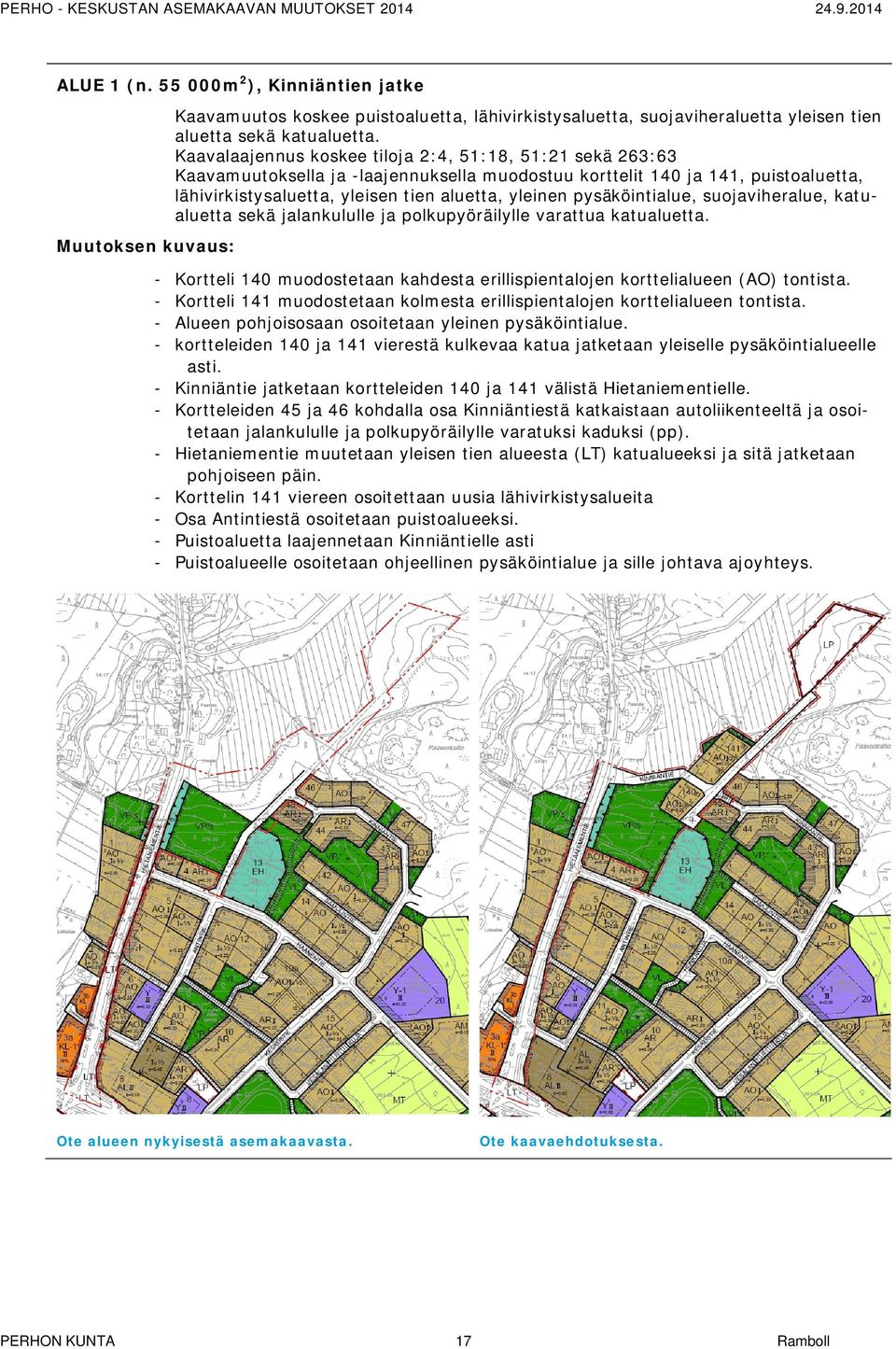 Kaavalaajennus koskee tiloja 2:4, 51:18, 51:21 sekä 263:63 Kaavamuutoksella ja -laajennuksella muodostuu korttelit 140 ja 141, puistoaluetta, lähivirkistysaluetta, yleisen tien aluetta, yleinen