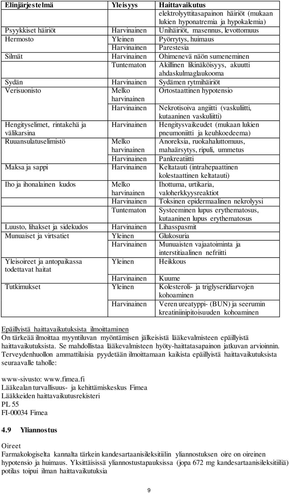 Verisuonisto Melko Ortostaattinen hypotensio Harvinainen Nekrotisoiva angiitti (vaskuliitti, kutaaninen vaskuliitti) Hengityselimet, rintakehä ja välikarsina Harvinainen Hengitysvaikeudet (mukaan