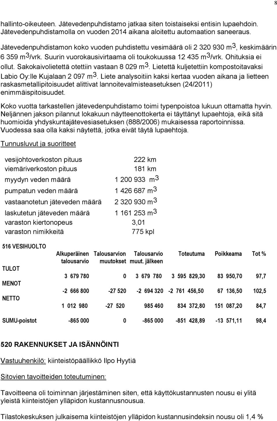 Sakokaivolietettä otettiin vastaan 8 029 m 3. Lietettä kuljetettiin kompostoitavaksi Labio Oy:lle Kujalaan 2 097 m 3.