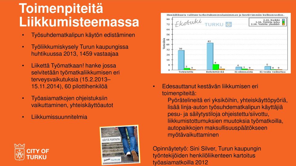 2014), 60 pilottihenkilöä Työasiamatkojen ohjeistuksiin vaikuttaminen, yhteiskäyttöautot Liikkumissuunnitelmia Edesauttanut kestävän liikkumisen eri toimenpiteitä: Pyörätelineitä eri