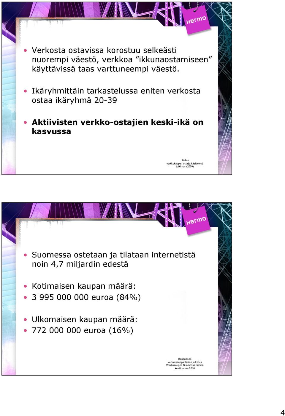 Itellan verkkokaupan ostajia käsittelevä tutkimus (2009) Suomessa ostetaan ja tilataan internetistä noin 4,7 miljardin edestä Kotimaisen