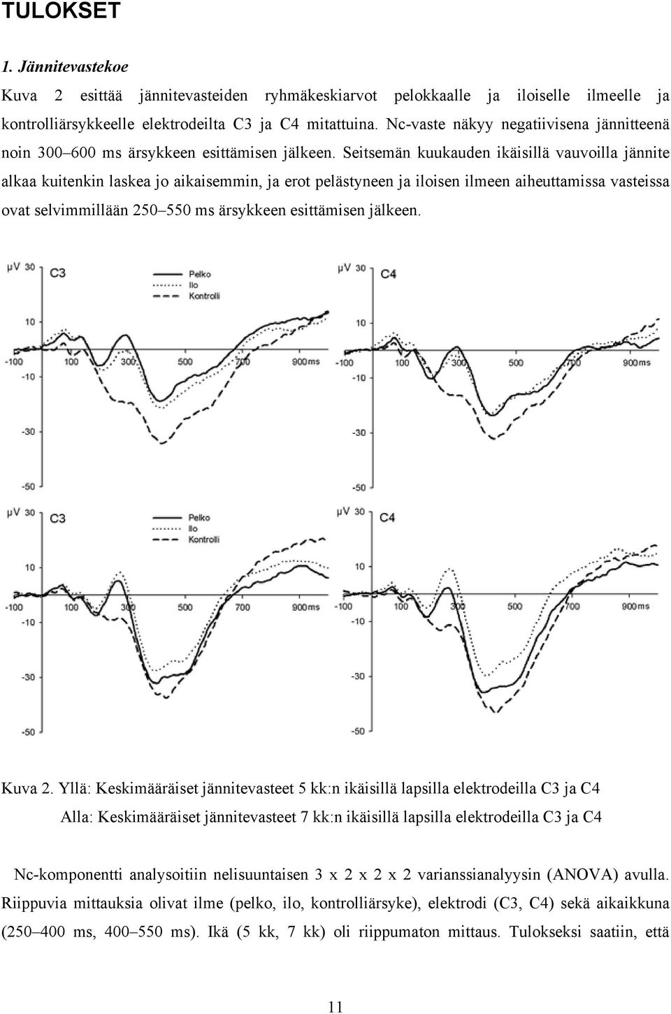 Seitsemän kuukauden ikäisillä vauvoilla jännite alkaa kuitenkin laskea jo aikaisemmin, ja erot pelästyneen ja iloisen ilmeen aiheuttamissa vasteissa ovat selvimmillään 250 550 ms ärsykkeen