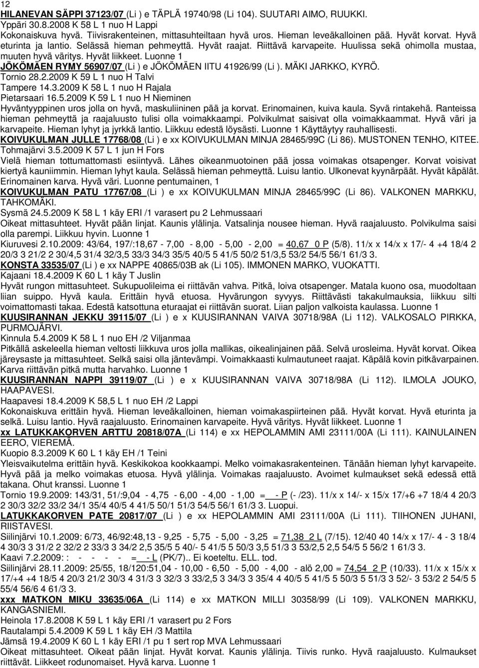 Luonne 1 JÖKÖMÄEN RYMY 56907/07 (Li ) e JÖKÖMÄEN IITU 41926/99 (Li ). MÄKI JARKKO, KYRÖ. Tornio 28.2.2009 K 59 L 1 nuo H Talvi Tampere 14.3.2009 K 58 L 1 nuo H Rajala Pietarsaari 16.5.2009 K 59 L 1 nuo H Nieminen Hyväntyyppinen uros jolla on hyvä, maskuliininen pää ja korvat.