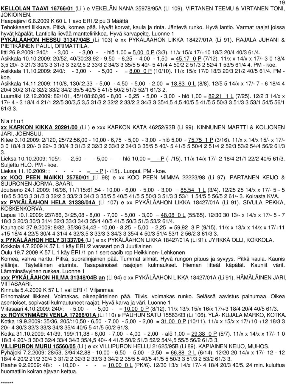 Luonne 1 PYKÄLÄAHON HESSU 31347/04B (Li 103) e xx PYKÄLÄAHON LIKKA 18427/01A (Li 91). RAJALA JUHANI & PIETIKÄINEN PAULI, ORIMATTILA. Iitti 26.9.2009: 240/: - 3,00 - - 3,00 - - hlö 1,00 = 5,00 0 P (3/3).