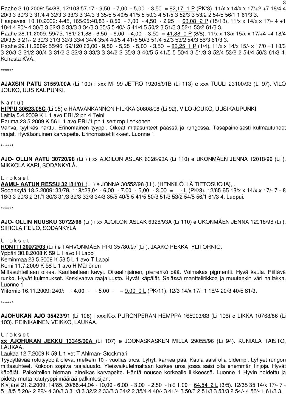 10.2009: 4/45, 165/95:40,83-8,50-7,00-4,50-2,25 = 63,08 2 P (15/18). 11/x x 14/x x 17/- 4 +1 18/4 4 20/- 4 30/3 3 32/3 3 33/3 3 34/3 3 35/5 5 40/- 5 41/4 5 50/2 3 51/3 3 52/1 53/2 61/3 3. Raahe 28.11.2009: 59/75, 181/:21,88-6,50-6,00-4,00-3,50 = 41,88 0 P (8/8).