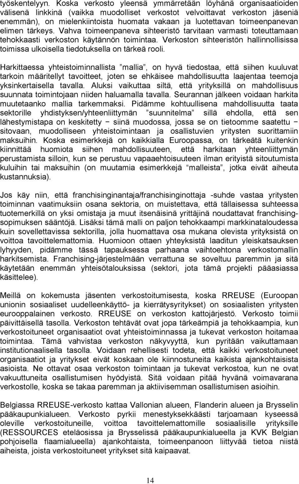 toimeenpanevan elimen tärkeys. Vahva toimeenpaneva sihteeristö tarvitaan varmasti toteuttamaan tehokkaasti verkoston käytännön toimintaa.