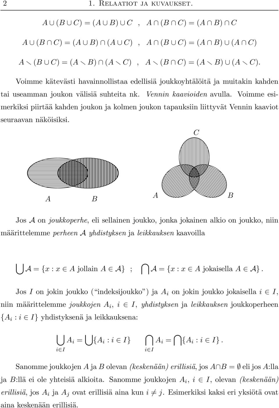 Voimme esimerkiksi piirtää kahden joukon ja kolmen joukon tapauksiin liittyvät Vennin kaaviot seuraavan näköisiksi.