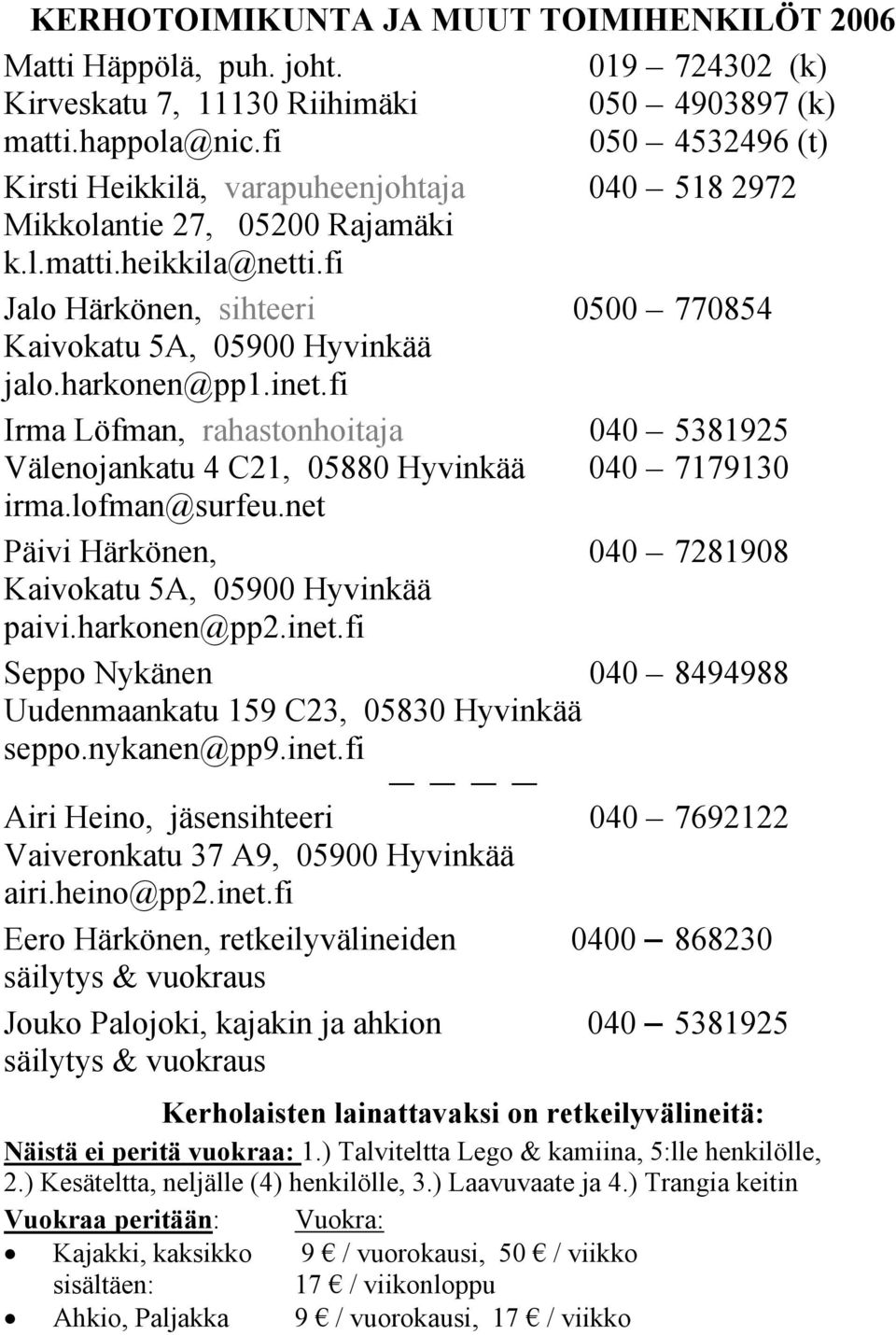 harkonen@pp1.inet.fi Irma Löfman, rahastonhoitaja 040 5381925 Välenojankatu 4 C21, 05880 Hyvinkää 040 7179130 irma.lofman@surfeu.net Päivi Härkönen, 040 7281908 Kaivokatu 5A, 05900 Hyvinkää paivi.