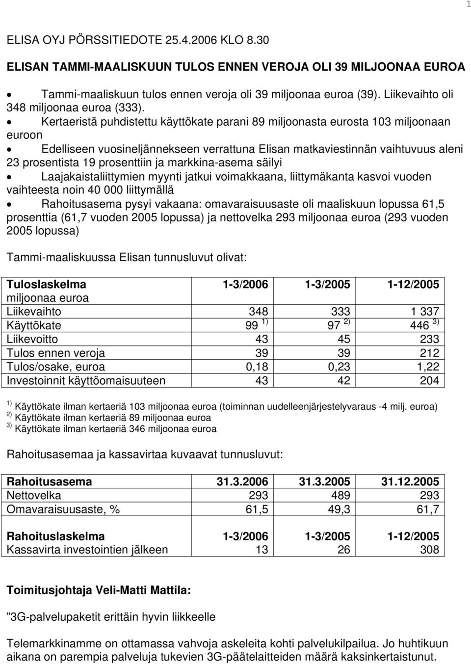 Kertaeristä puhdistettu käyttökate parani 89 miljoonasta eurosta 103 miljoonaan euroon Edelliseen vuosineljännekseen verrattuna Elisan matkaviestinnän vaihtuvuus aleni 23 prosentista 19 prosenttiin