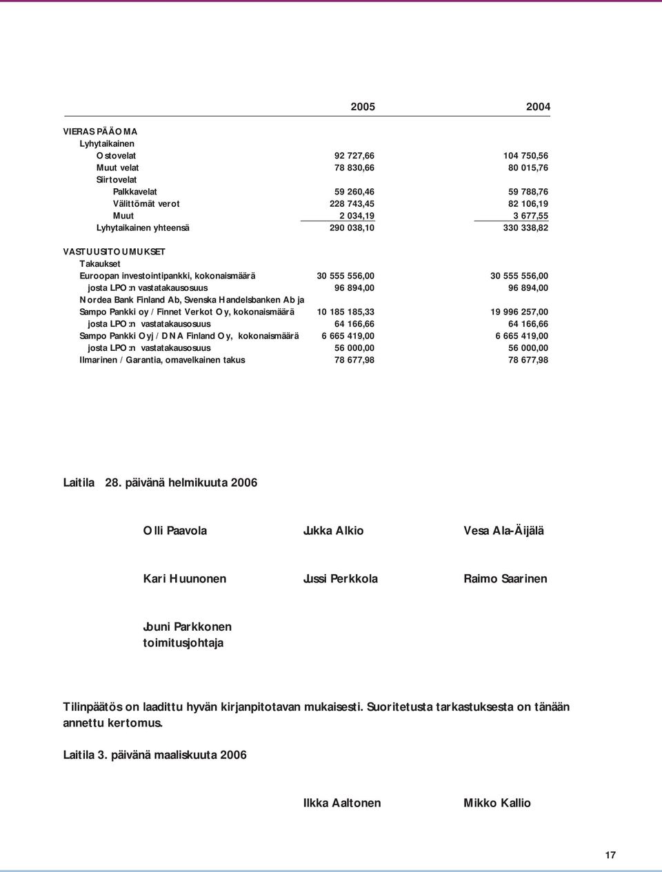 Nordea Bank Finland Ab, Svenska Handelsbanken Ab ja Sampo Pankki oy / Finnet Verkot Oy, kokonaismäärä 10 185 185,33 19 996 257,00 josta LPO:n vastatakausosuus 64 166,66 64 166,66 Sampo Pankki Oyj /