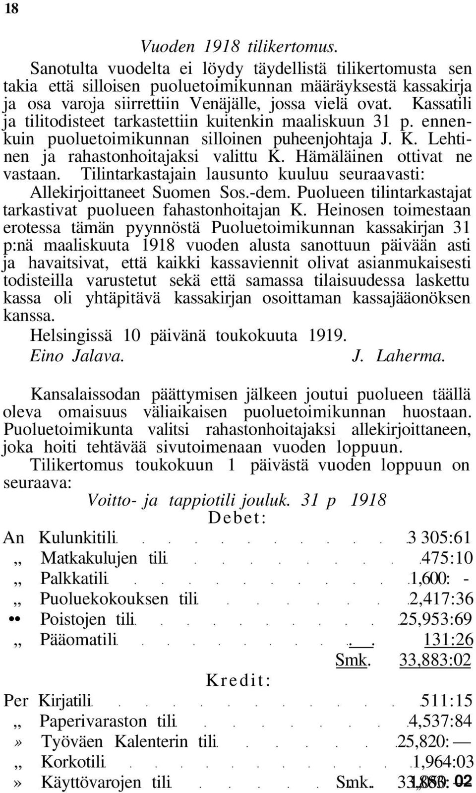 Kassatili ja tilitodisteet tarkastettiin kuitenkin maaliskuun 31 p. ennenkuin puoluetoimikunnan silloinen puheenjohtaja J. K. Lehtinen ja rahastonhoitajaksi valittu K. Hämäläinen ottivat ne vastaan.