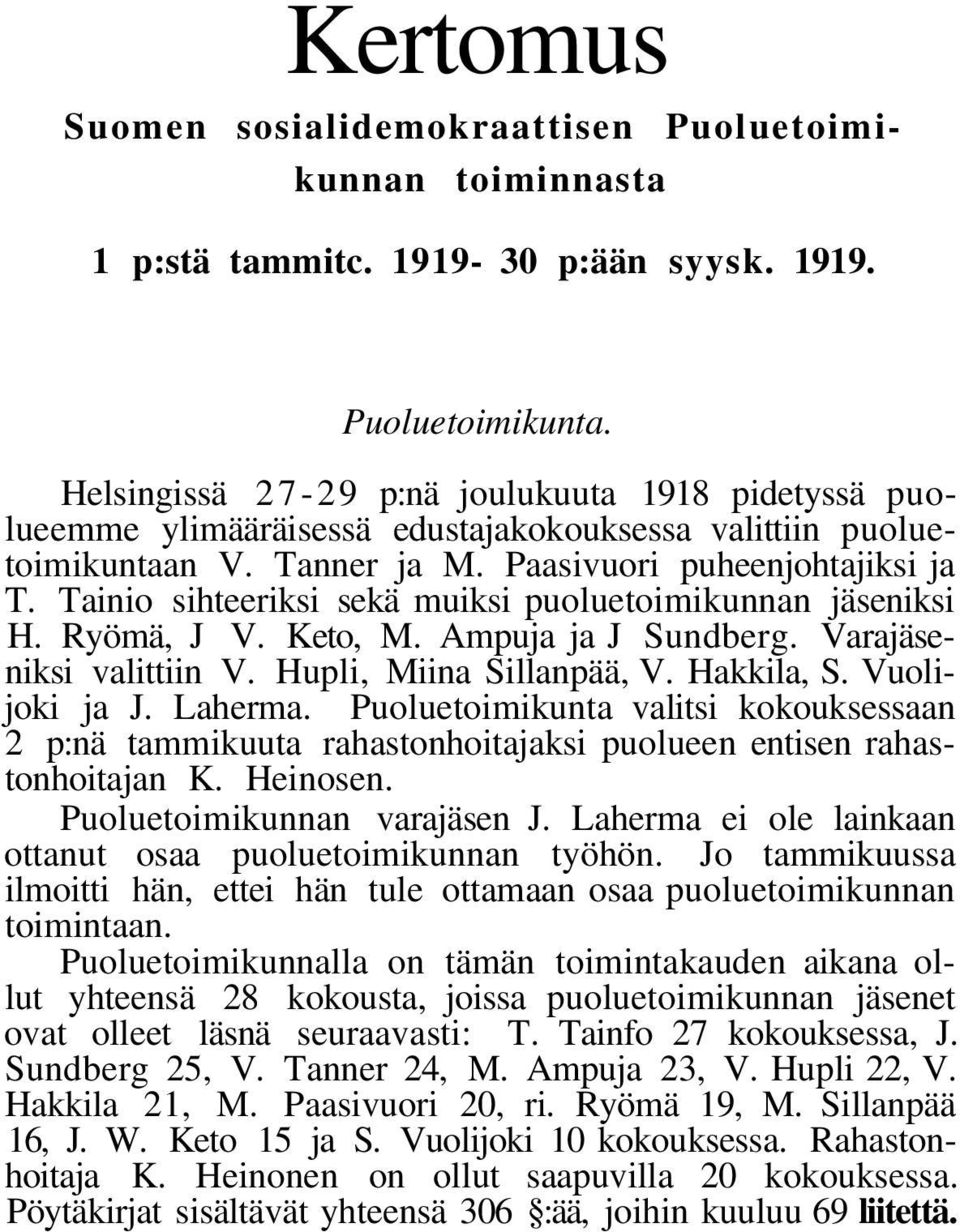 Tainio sihteeriksi sekä muiksi puoluetoimikunnan jäseniksi H. Ryömä, J V. Keto, M. Ampuja ja J Sundberg. Varajäseniksi valittiin V. Hupli, Miina Sillanpää, V. Hakkila, S. Vuolijoki ja J. Laherma.