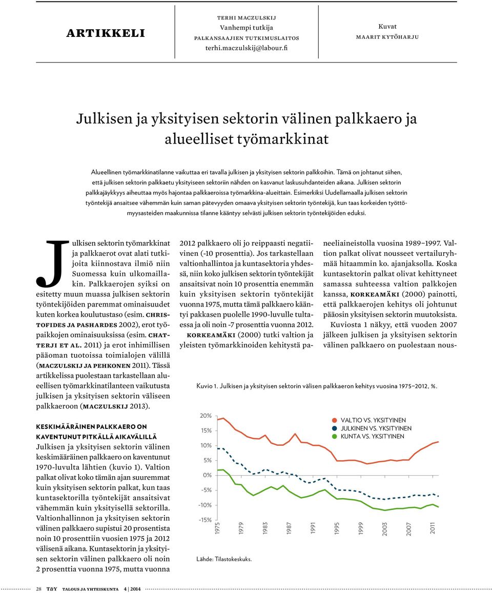 Tämä on johtanut siihen, että julkisen sektorin palkkaetu yksityiseen sektoriin nähden on kasvanut laskusuhdanteiden aikana.