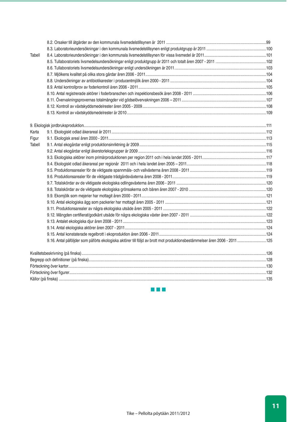 ..102 8.6. Tullaboratoriets livsmedelsundersökningar enligt undersökningen år 2011...103 8.7. Mjölkens kvalitet på olika stora gårdar åren 2006-2011...104 8.8. Undersökningar av antibiotikarester i producentmjölk åren 2000-2011.