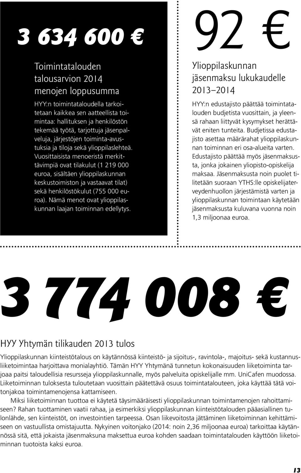 Vuosittaisista menoeristä merkittävimpiä ovat tilakulut (1 219 000 euroa, sisältäen ylioppilaskunnan keskustoimiston ja vastaavat tilat) sekä henkilöstökulut (755 000 euroa).