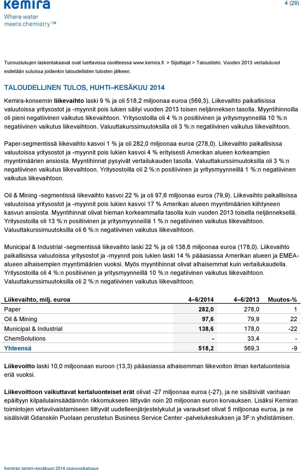 Liikevaihto paikallisissa valuutoissa yritysostot ja -myynnit pois lukien säilyi vuoden 2013 toisen neljänneksen tasolla. Myyntihinnoilla oli pieni negatiivinen vaikutus liikevaihtoon.