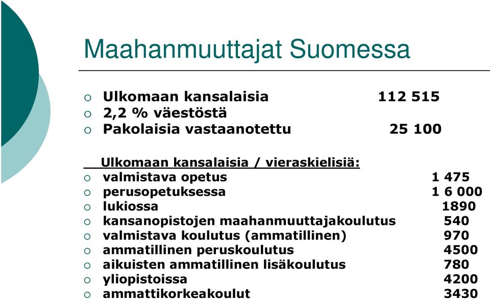 1890 kansanopistojen maahanmuuttajakoulutus 540 valmistava koulutus (ammatillinen) 970 ammatillinen