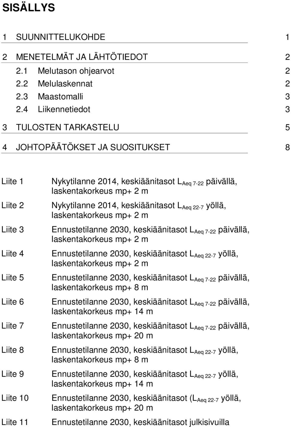 keskiäänitasot L Aeq 22-7 yöllä, laskentakorkeus mp+ 2 m Ennustetilanne 2030, keskiäänitasot L Aeq 7-22 päivällä, laskentakorkeus mp+ 2 m Ennustetilanne 2030, keskiäänitasot L Aeq 22-7 yöllä,