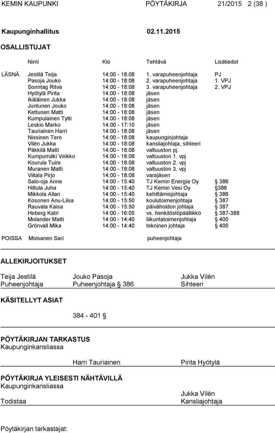 VPJ Hyötylä Pirita 14:00-18:08 jäsen Ikäläinen Jukka 14:00-18:08 jäsen Juntunen Jouko 14:00-18:08 jäsen Kettunen Matti 14:00-18:08 jäsen Kumpulainen Tytti 14:00-18:08 jäsen Leskio Marko 14:00-17:10