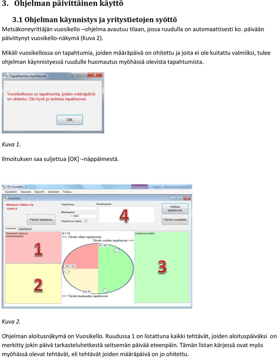 Mikäli vuosikellossa on tapahtumia, joiden määräpäivä on ohitettu ja joita ei ole kuitattu valmiiksi, tulee ohjelman käynnistyessä ruudulle huomautus myöhässä olevista tapahtumista.