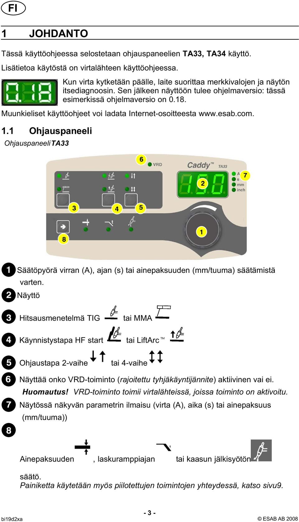 Muunkieliset käyttöohjeet voi ladata Internet-osoitteesta www.esab.com. 1.1 Ohjauspaneeli OhjauspaneeliTA33 Säätöpyörä virran (A), ajan (s) tai ainepaksuuden (mm/tuuma) säätämistä varten.