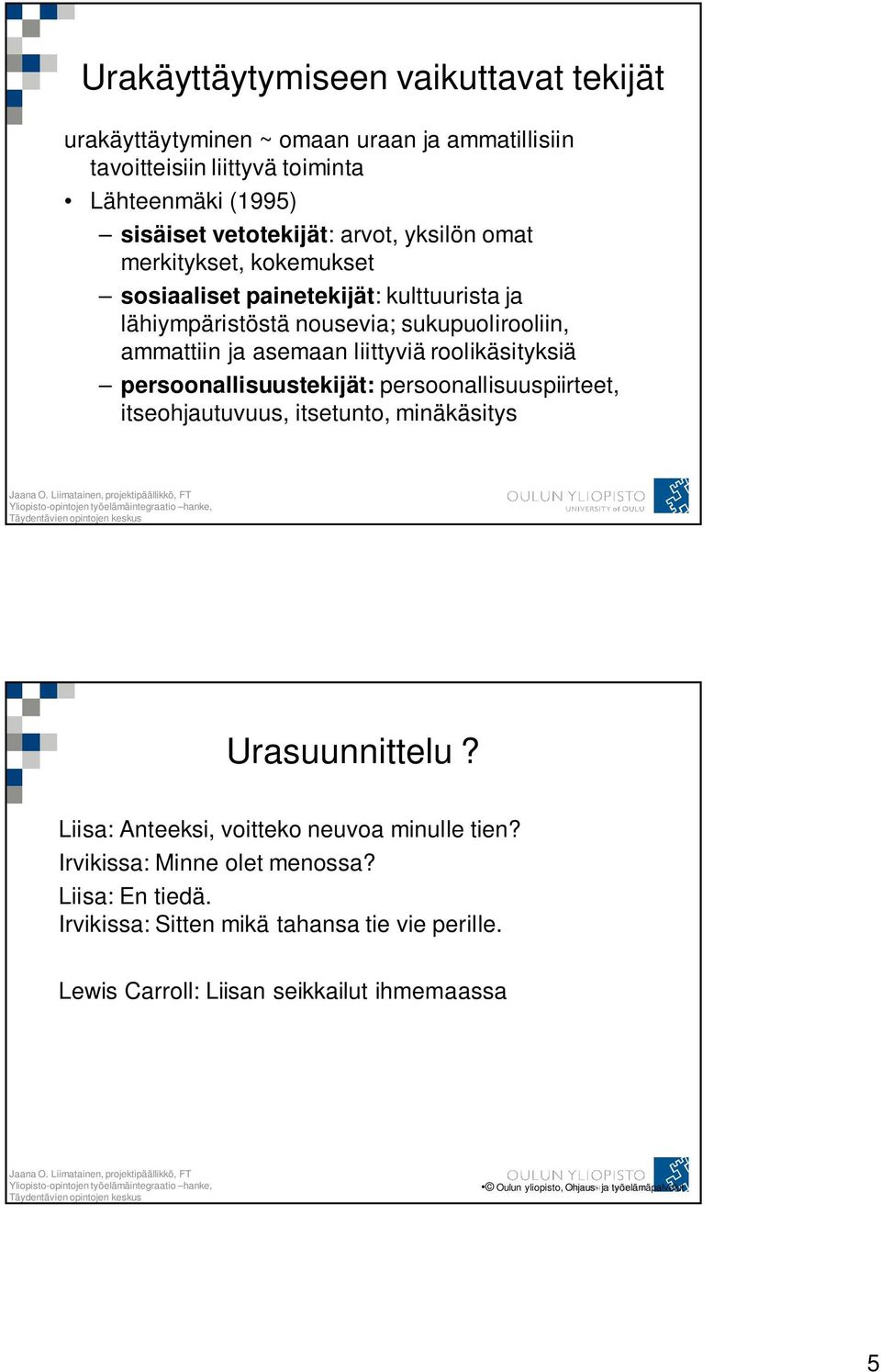 roolikäsityksiä persoonallisuustekijät: persoonallisuuspiirteet, itseohjautuvuus, itsetunto, minäkäsitys Urasuunnittelu? Liisa: Anteeksi, voitteko neuvoa minulle tien?