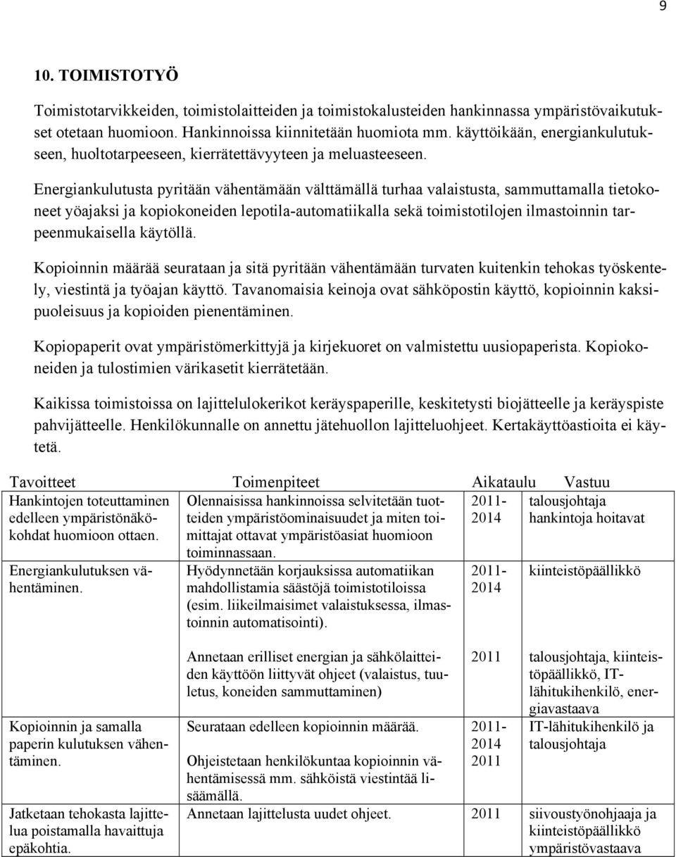 Energiankulutusta pyritään vähentämään välttämällä turhaa valaistusta, sammuttamalla tietokoneet yöajaksi ja kopiokoneiden lepotila-automatiikalla sekä toimistotilojen ilmastoinnin tarpeenmukaisella