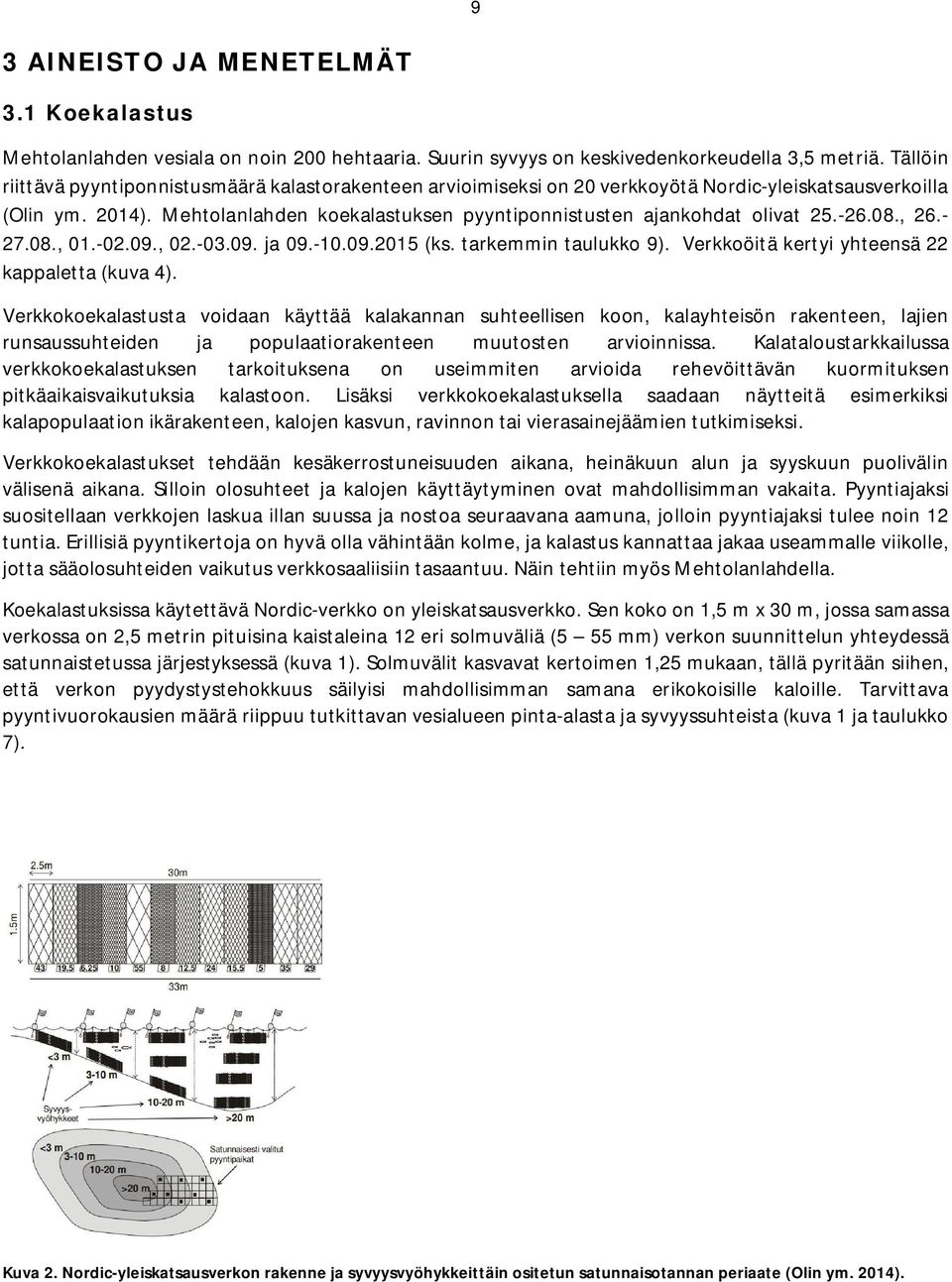 Mehtolanlahden koekalastuksen pyyntiponnistusten ajankohdat olivat 25.-26.08., 26.- 27.08., 01.-02.09., 02.-03.09. ja 09.-10.09.2015 (ks. tarkemmin taulukko 9).