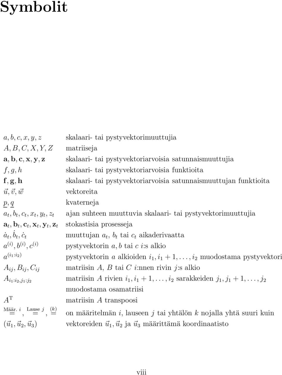 a (i 1:i 2 ) A ij, B ij, C ij ajan suhteen muuttuvia salaari- tai pystyvetorimuuttujia stoastisia prosesseja muuttujan a t, b t tai c t aiaderivaatta pystyvetorin a, b tai c i:s alio pystyvetorin a