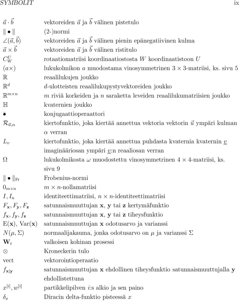 sivu 5 R reaaliluujen jouo R d d-ulotteisten reaaliluupystyvetoreiden jouo R m n m riviä oreiden ja n saraetta leveiden reaaliluumatriisien jouo H vaternien jouo onjugaattioperaattori R u,α